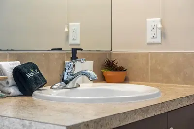 a bathroom sink with a faucet on a counter at The Venti - 3BD 2BA Yard Garage & Upper Suite in Calgary