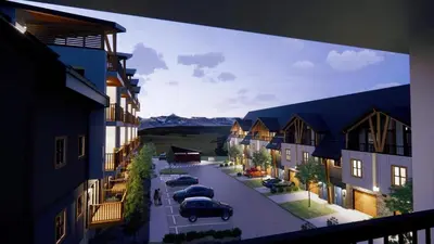a rendering of a street with cars parked in a parking lot at Top FL 2BR 2BA Hot Tubs phenomenal mountain views in Canmore