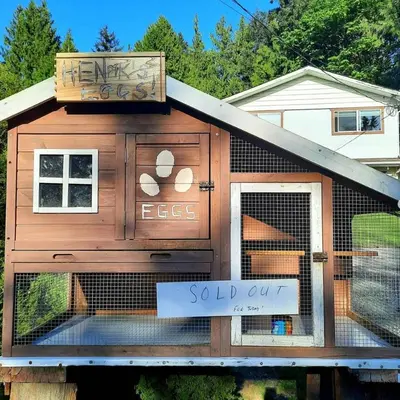 a chicken coop with a sold out sign on it at Simply Suite - Sua Casa Longe de Casa in YYJ