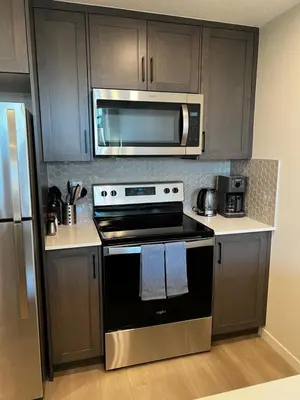 a kitchen with a stove and a microwave at The Oasis-A New 1 bed suite in Livingston Calgary close to the Airport in Calgary