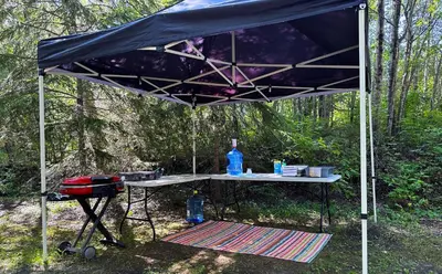 a picnic table under a tent in the woods at Everlong Acres Belle Tent in Owlseye