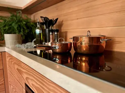 two pots and pans sitting on a stove in a kitchen at Tea Time Lakeside in Fauquier