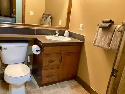 a bathroom with a toilet and a sink and a mirror at Mountain View Retreat in Radium Hot Springs