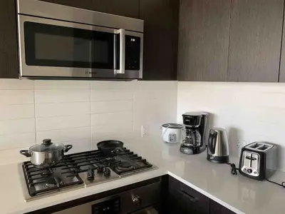 a kitchen with a stove top oven with a microwave at Comfort in Richmond center 2bedr & good location in Richmond