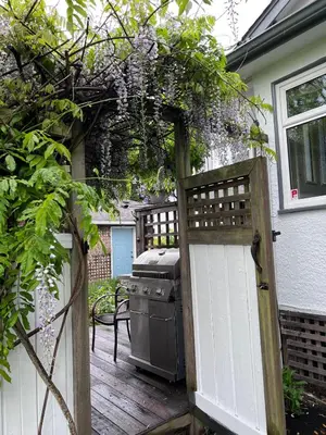 an outdoor patio with a stove and a fence at Family Cottage at Horner Park in Victoria