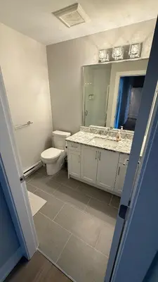 a bathroom with a toilet and a sink and a mirror at Cozy Garden Suite with Hot Tub and Perfectly Located in Goldstream Station