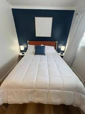 a bedroom with a large white bed with a blue wall at Remo Stays in Unity