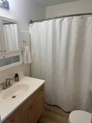 a bathroom with a sink and a shower curtain at Alpenglow Oasis in Hinton