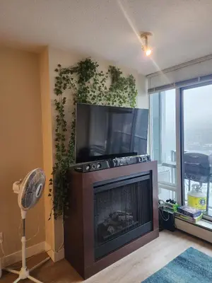 a living room with a fireplace and a tv at Modern High-Rise 1 Bedroom Condo with water view near stadiums in Vancouver