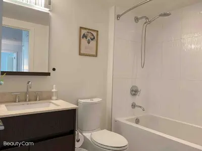 a bathroom with a toilet and a sink and a shower at Cozy Perfect &elegant 2bed 1 bath in Richmond center in Richmond