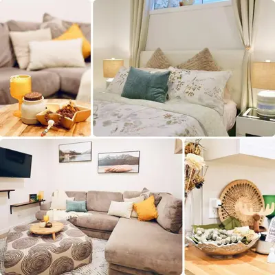 a collage of four pictures of a living room at Little Nest in Calgary