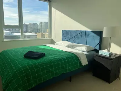 a bedroom with a green bed with a window at Elegant &comfortable room1B &1B apartment perfect location in Richmond