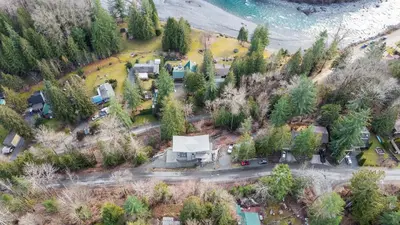 an aerial view of a house with trees at Casa del Rio - Peaceful River Guest Suite -Forests -Mountains -Hiking in Chilliwack