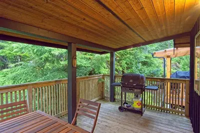 a screened in porch with a grill on it at Tide and Trail- Cabin in Ucluelet in Ucluelet