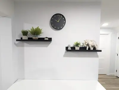 a clock on a wall with plants and a statue at Chic 2BR Suite with Kitchen, Laundry, Near Elk Island & West Edmonton Mall in Edmonton