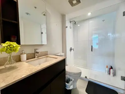 a bathroom with a shower and a sink and a toilet at Fabulous and convenient 2B2B close to Richmond center in Richmond