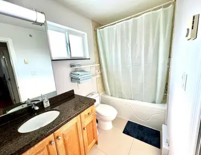 a bathroom with a sink and a toilet and a mirror at Cozy 2-bedroom Private Guest House in a convenient location in Vancouver
