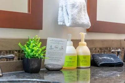 two bottles of cleaning products sitting on a kitchen counter at Stunning 2bd hot tub walking distance to downtown in Canmore