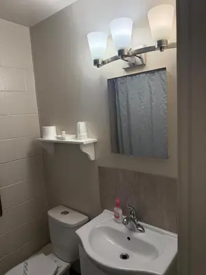 a bathroom with a sink and a toilet and a mirror at Athabasca Hillside Motel in Athabasca