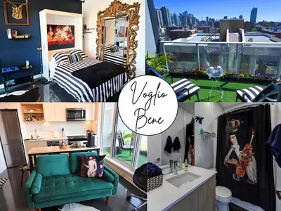 a collage of photos of a hotel room at Boutique Studio City Views, Patio, Fireplace Voglio Bene in Calgary