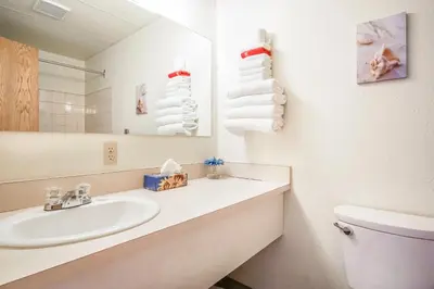 a bathroom with a sink and a mirror and a toilet at Gables Motel in Radium Hot Springs
