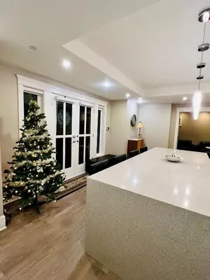 a living room with a christmas tree in the middle at 3Bed 2Bath Steam Sauna Retreat! Family friendly! in Vancouver