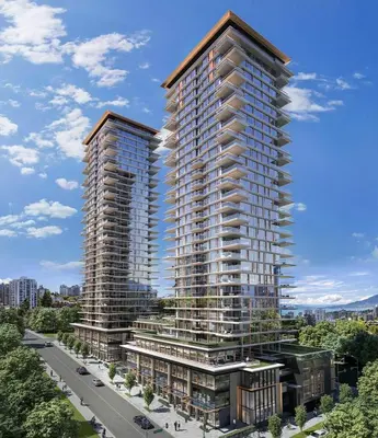 a rendering of two tall buildings in a city at Brand New Luxury 1 bedroom Condo in Downtown Vancouver in Vancouver