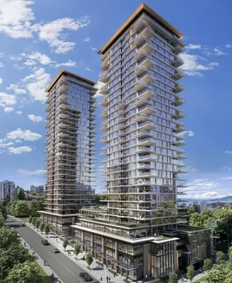a rendering of a building with two tall towers at Brand New Modern 2 BR Condo in Heart of Downtown Vancouver in Vancouver
