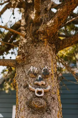 a tree with a face drawn on the side of it at Baldy- Modern tiny home in historic Nordegg in Nordegg