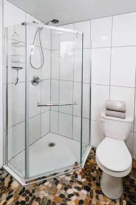 a glass shower stall in a bathroom with a toilet at Eagle - Cozy tiny home with mountain views in Nordegg