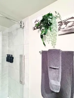 a bathroom with a shower and a towel rack with a plant at Stylish Downtown Condo near Rogers Place l Parking, Gym, Balcony & Kitchen in Edmonton