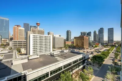 an aerial view of a city skyline with buildings at Downtown Chic Retreat | Elegant + Free Parking in Calgary