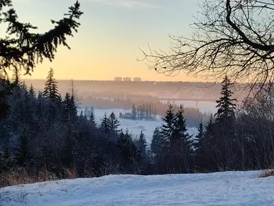 a view of a river with snow and trees at Condo Unit-UofA, UofA Hospital, Whyte Ave, Trails! in Edmonton