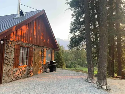 a log cabin with a tree next to it at Entire Cordwood House 5 minutes south of town in Golden