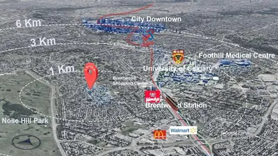 a map of a city with a red marker at Quiet Family Friendly, 4 min UofC and University District Shops, 9 min DT in Calgary