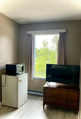 a living room with a flat screen tv and a window at Valemount Hotel in Valemount