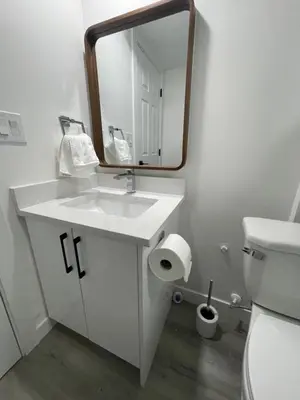 a bathroom with a sink and a mirror and a toilet at Comfy 2 Bedroom Suite Getaway in Edmonton