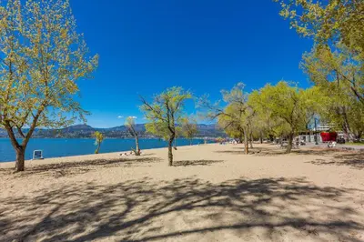 a beach with trees and a body of water at Gyrobeachescape in Kelowna
