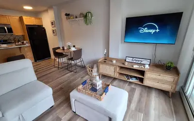 a living room with a couch and a tv at Modern 1br Apt, Up to 4 people, Steps to 17th Ave, Downtown & Stampede in Calgary