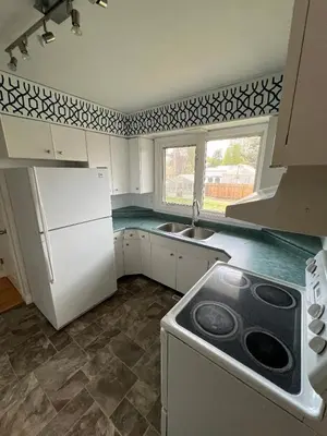 a kitchen with a white refrigerator and a sink at Cozy Riverdale Home in Whitehorse