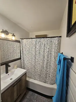 a bathroom with a sink and a shower curtain at Aansel Suites 2 bedroom in Edmonton