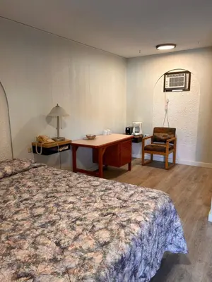 a bedroom with a bed and a desk and a chair at Lakecity Inn in Penticton