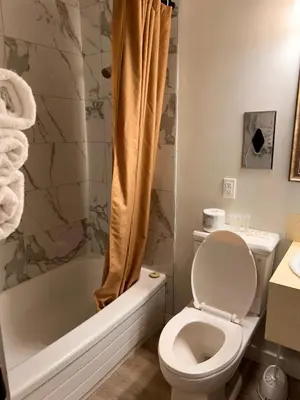 a bathroom with a toilet and a tub and a sink at Lakecity Inn in Penticton