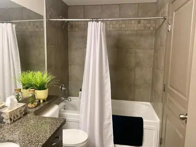 a bathroom with a shower curtain and a toilet and a tub at PlayadelSol in Kelowna