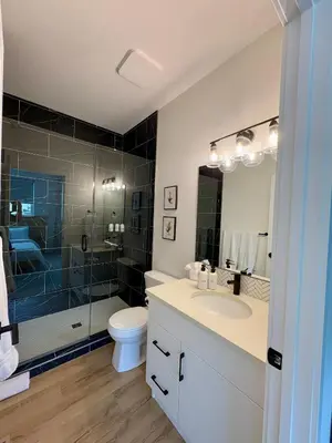 a bathroom with a shower and a sink and a toilet at The Lamp House in Nordegg