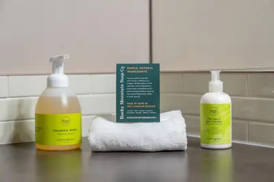 two bottles of disinfectant and a pile of toilet paper at Evergreen Escape - 2 Bedroom Condo with Pool & Hot Tub in Canmore