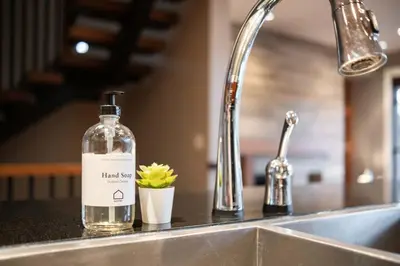 a bottle of liquid soap sitting on a kitchen sink at Fitzsimmons Walk 26 by Outpost Whistler in Whistler