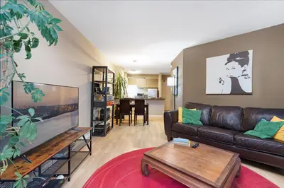 a living room with a couch and a tv at Cozy Home in Downtown Minutes from Seawall in Vancouver
