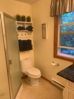 a bathroom with a toilet and a glass shower at West facing Waterfront Retreat with private beach, dock access & private buoy in Blind Bay
