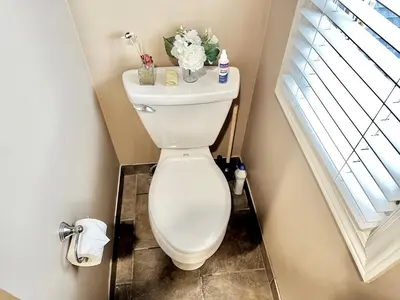 a white toilet in a bathroom with a window at Scorpio House Langley in Langley